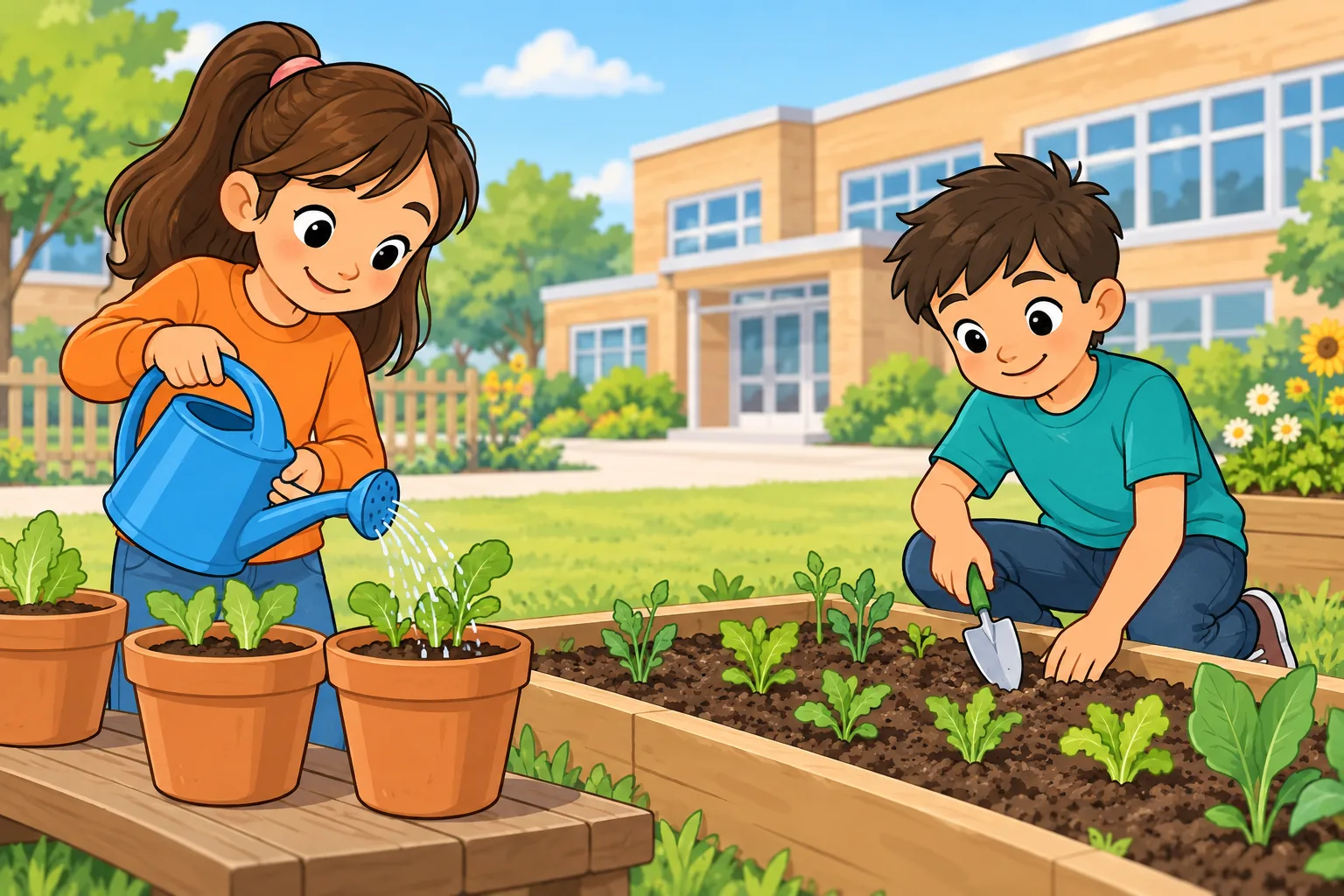 Children watering vegetables in a small school garden.