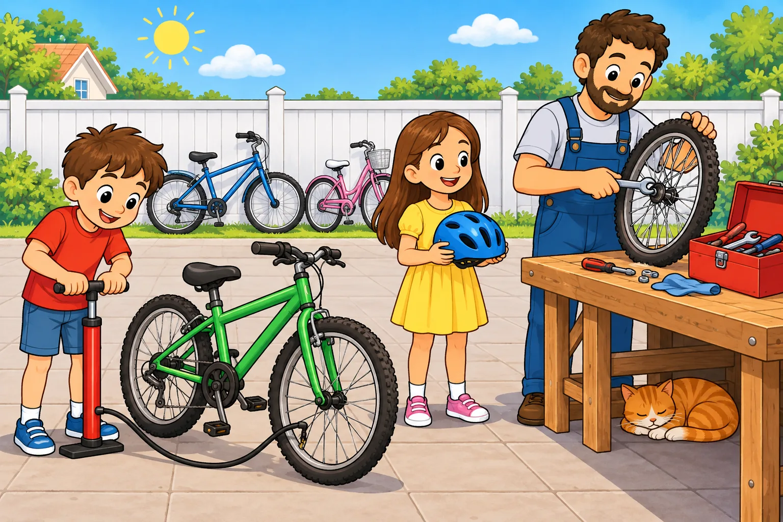At a community bicycle repair corner, a boy in a red T-shirt pumps the front tyre of a green bicycle. A girl in a yellow dress holds a blue helmet. A man in blue overalls repairs a wheel on a wooden workbench. An orange cat sleeps under the bench. Two other bicycles lean against a white fence, and an open red toolbox is on the bench.