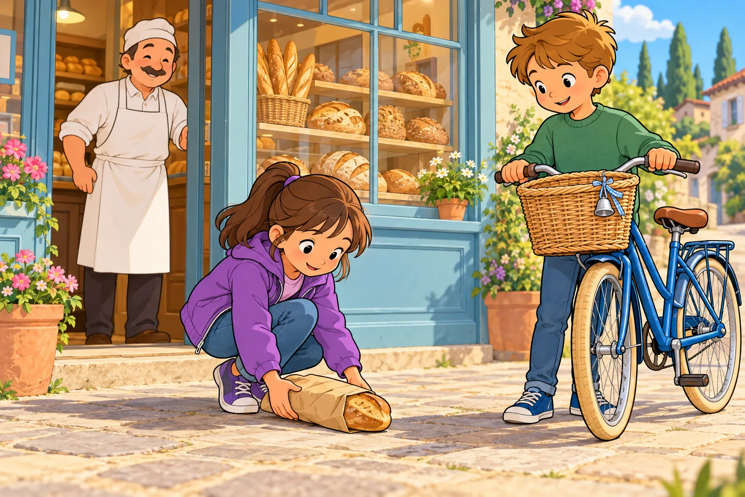 Outside a bakery, a girl in a purple jacket crouches to pick up a wrapped loaf from the path. A boy in a green jumper stands beside a blue bicycle with a wicker basket and a small silver bell. A baker wearing a white apron stands at the shop door.