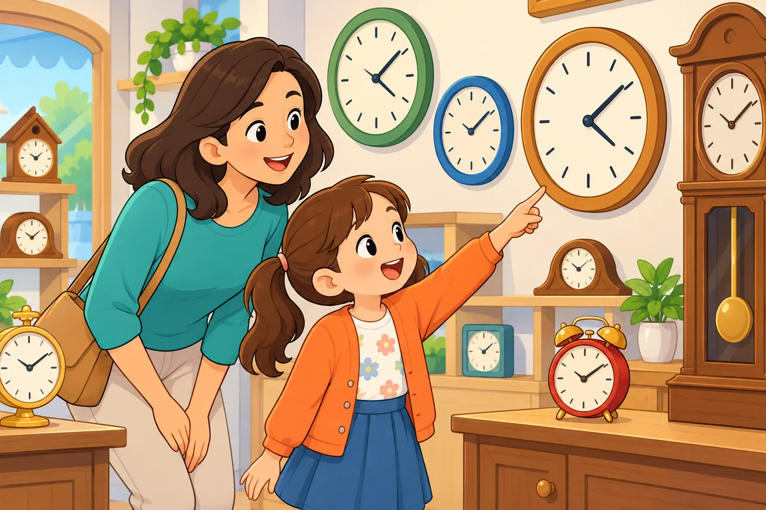 A child in an orange cardigan and an adult in teal look at round clocks, an alarm clock and a tall wooden clock in a bright clock shop.
