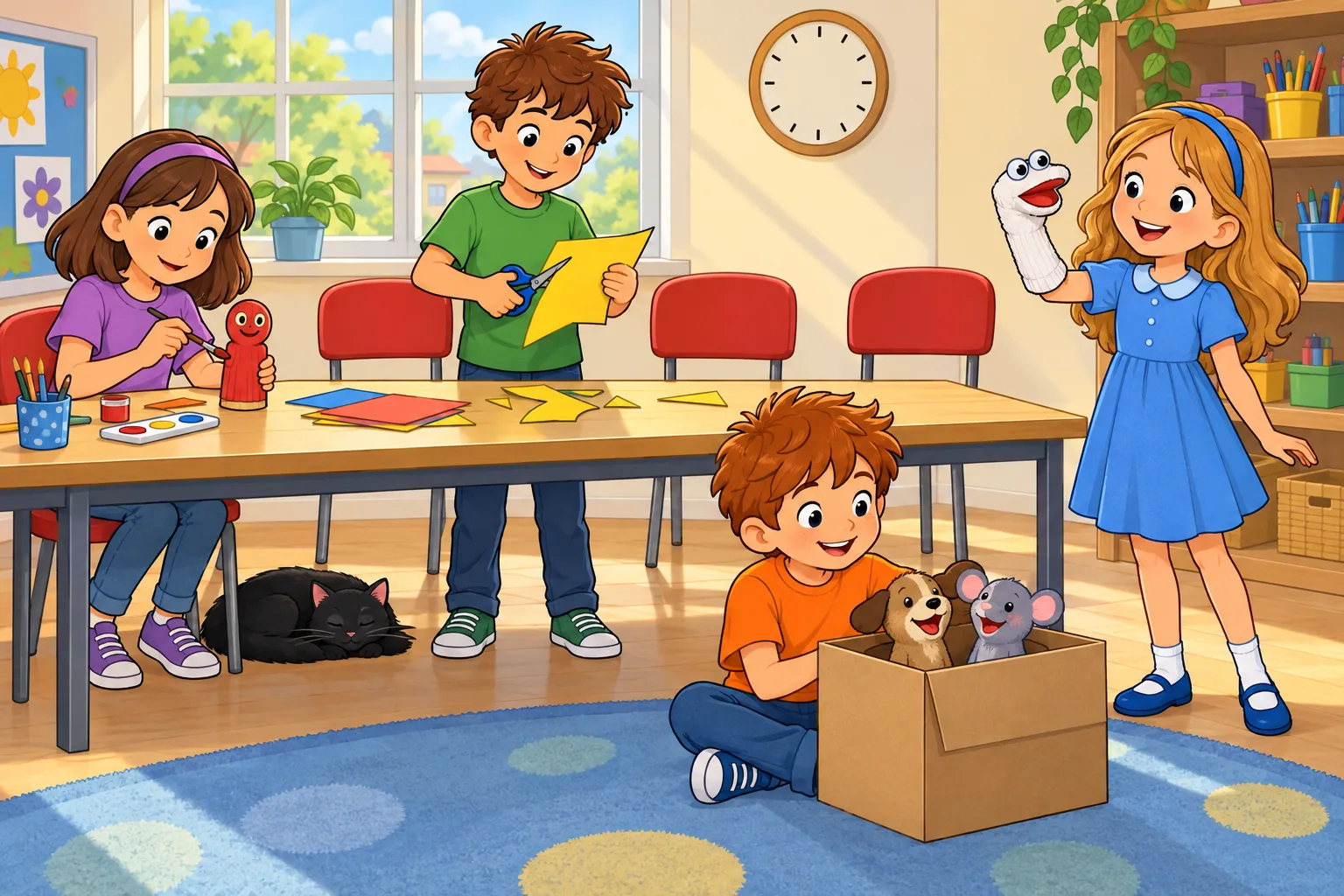 Ada in purple paints a small red wooden puppet; Leo in green cuts yellow paper; Zoe in a blue dress holds a white sock puppet; Finn in orange sits beside an open brown box containing a dog puppet and a mouse puppet. A black cat sleeps under the table in the sunny room. Red chairs, a large window and a round clock face are in the background.