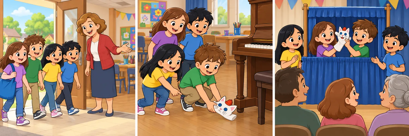 Three moments from the Puppet Club: Mrs Lake welcomes four children carrying a blue bag; Ella finds the white cat puppet beside the piano and Tom picks it up; the four children perform for their families with a blue curtain stage.