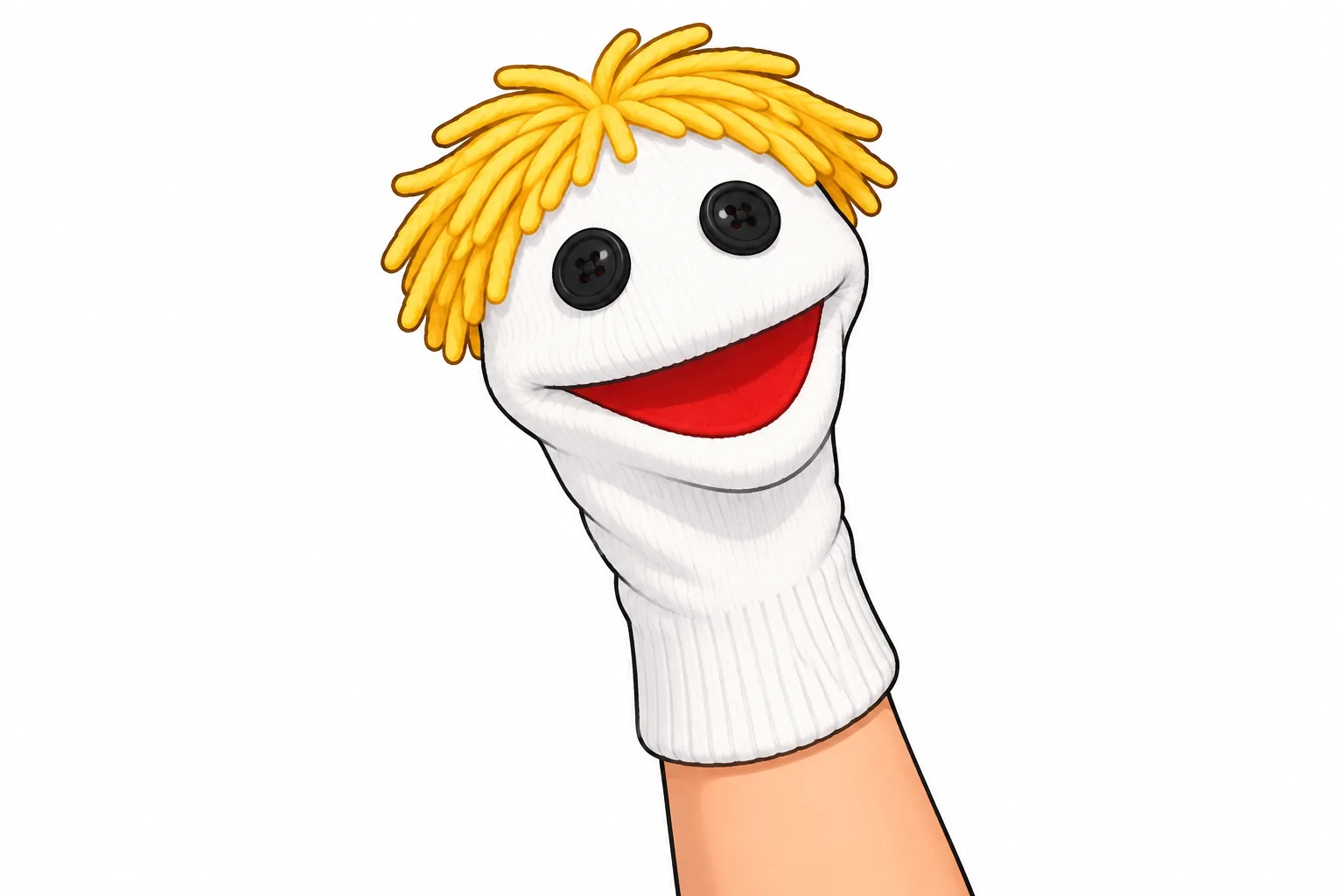A cheerful white sock puppet on a raised hand, with two dark button eyes, a red mouth and yellow wool hair, against a white background.