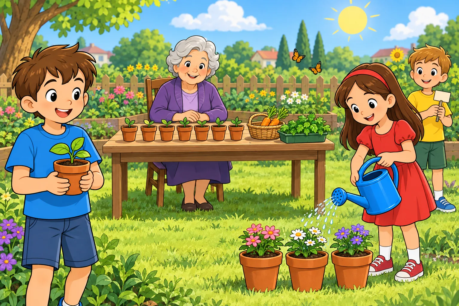 Sunny garden with Joe in blue holding a plant, Mia in red watering three pots on the ground, Grandma in purple sitting behind a table with seven small pots and a carrot basket, and a boy in yellow holding a blank label.