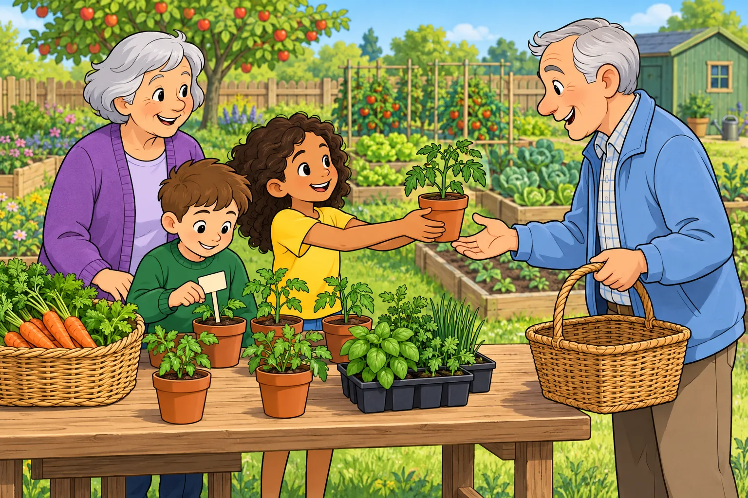 Grandma and two children at a community garden open afternoon, arranging potted seedlings, herbs and vegetables on a wooden plant-sale table while a neighbour arrives with an empty basket.
