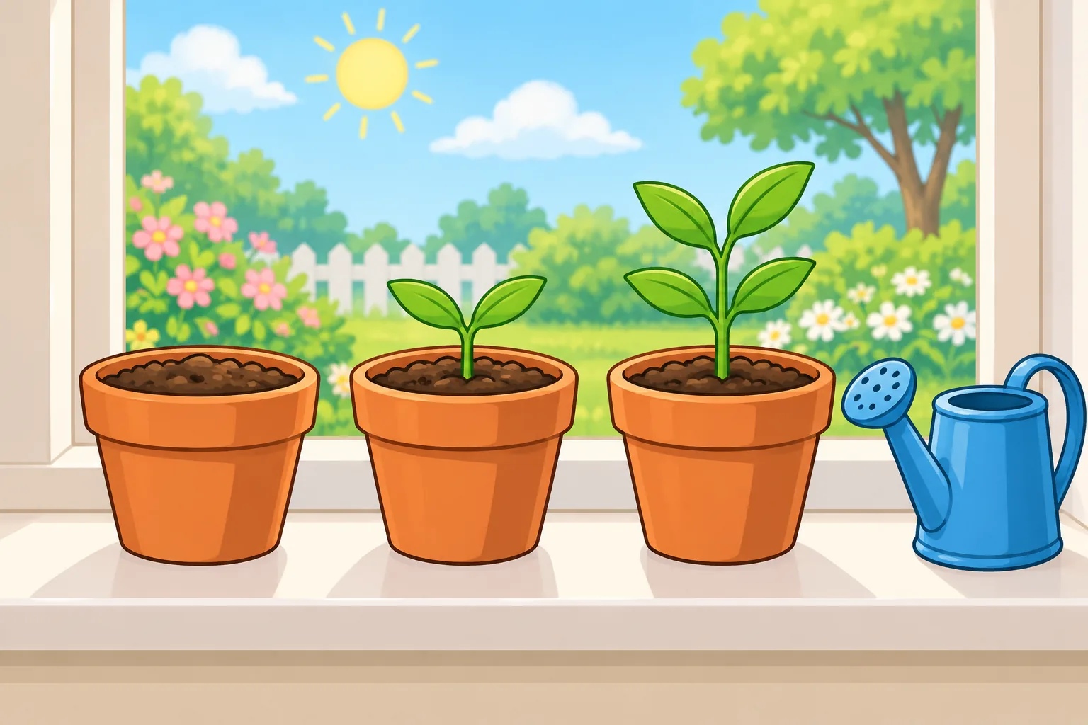 Three terracotta pots on a sunny windowsill: soil, a two-leaf sprout and a taller four-leaf plant, with a blue watering can.