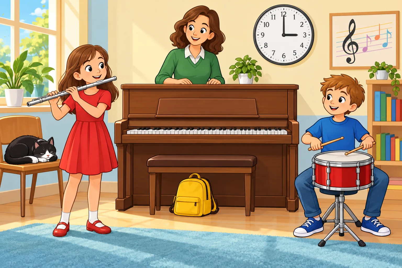 In a music room, a girl in a red dress holds a silver flute on the left. A boy in a blue shirt sits playing a red drum on the right. A teacher in a green sweater is behind a brown piano in the centre. A yellow bag is on the floor below the piano keyboard, a black-and-white cat sleeps on a chair on the left, and the round clock shows three o'clock.