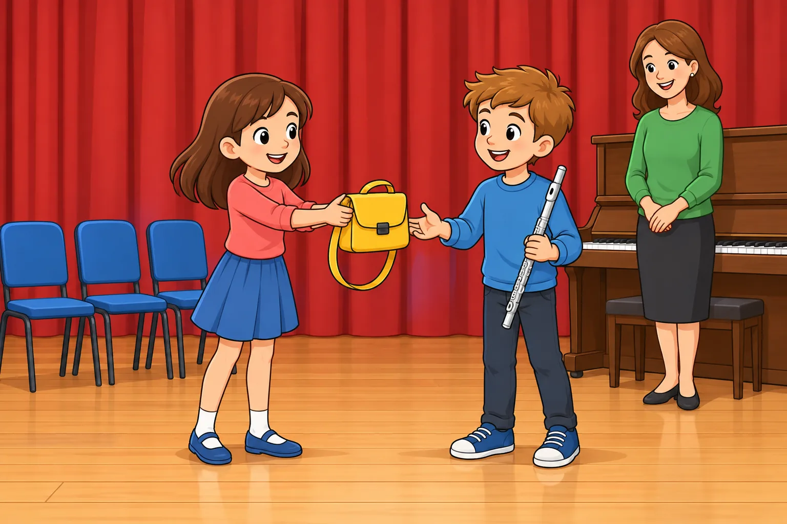 In a school hall, Mia in a coral top and blue skirt gives a yellow music bag back to Leo in a blue top, who holds a silver flute. Their teacher in green waits beside a brown piano, with three empty blue chairs and a red curtain nearby.
