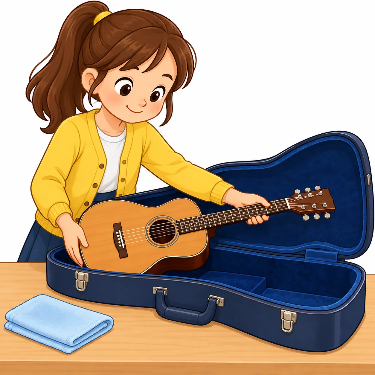 A smiling schoolgirl in a yellow cardigan carefully puts an acoustic guitar into an open blue guitar case on a table, with a folded cloth beside it.