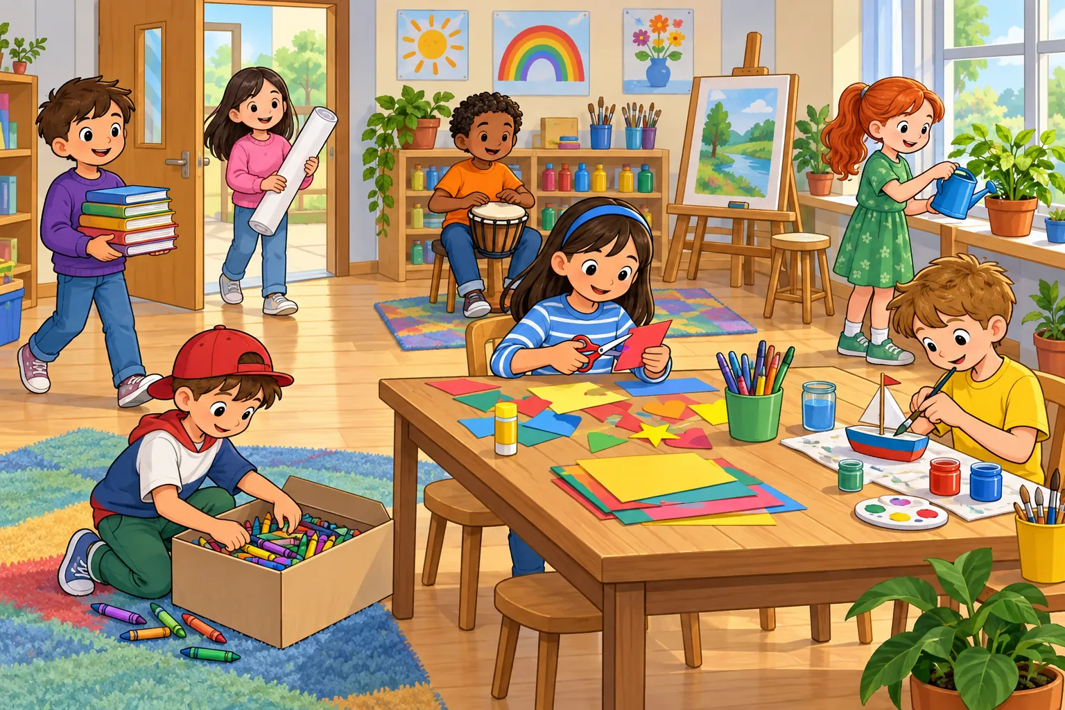 Seven children at an art club with books, paper, a boat, a plant, crayons, a poster and a drum
