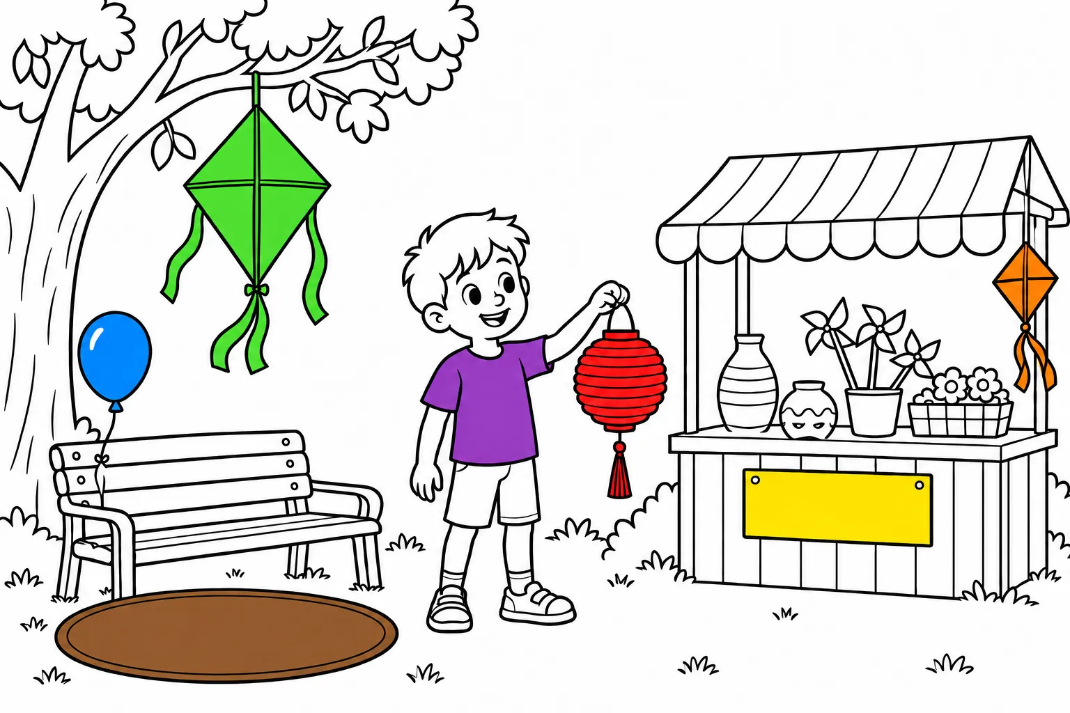 Model answer: green large kite, orange small kite, purple T-shirt, brown mat, red paper lantern and yellow sign