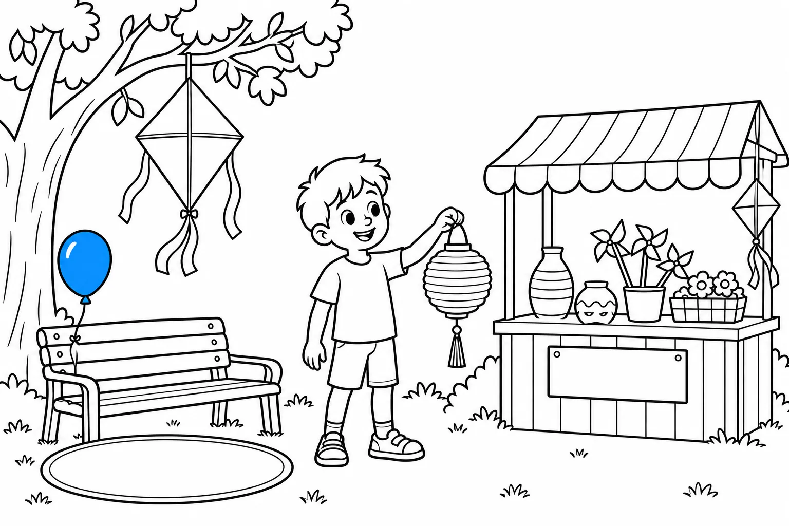 Craft fair with two kites, a boy holding a lantern, bench, mat, blank stall sign and blue example balloon