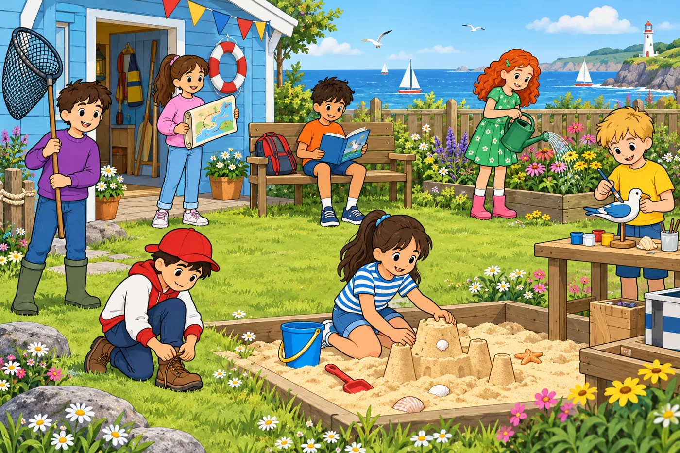 Seven children at a seaside club building a sandcastle, painting a wooden bird, watering flowers, tying a boot, looking at a map, carrying a net and reading