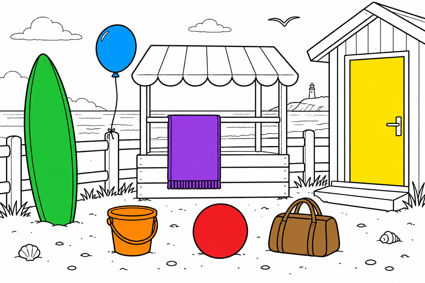 Model answer: green surfboard, orange bucket, red beachball, purple towel, brown bag, yellow clubhouse door and blue balloon