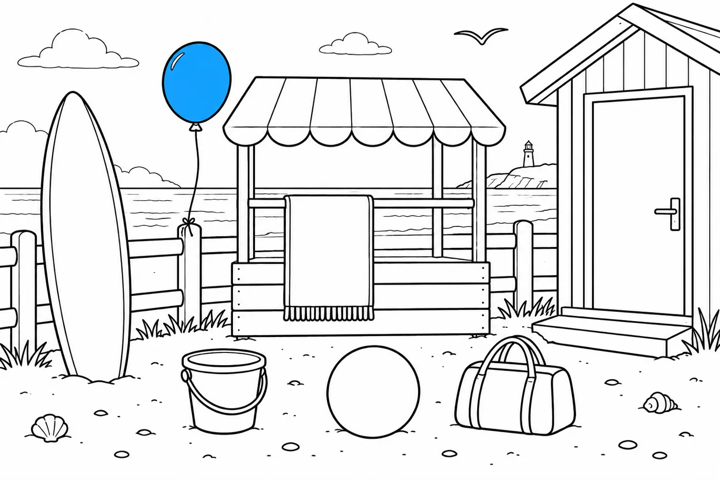Seaside stall with surfboard, bucket, beachball, towel, bag, clubhouse door and example balloon