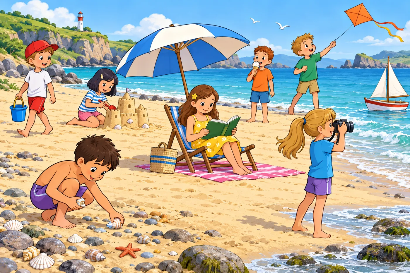 Seven children at the beach: carrying a bucket, building a sandcastle, flying a kite, reading under a parasol, collecting shells, photographing a boat and eating ice cream
