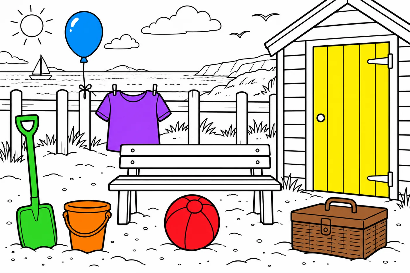 Model answer: green spade, orange bucket, red ball, purple T-shirt, brown picnic box, yellow hut door and blue balloon