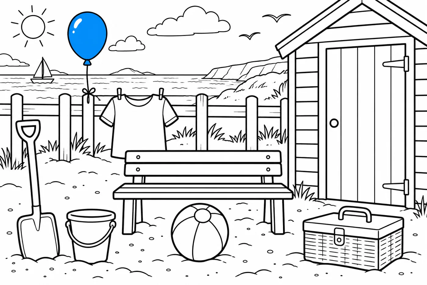 Beach scene with spade, small bucket, ball under bench, T-shirt on fence, picnic box, hut door and blue example balloon