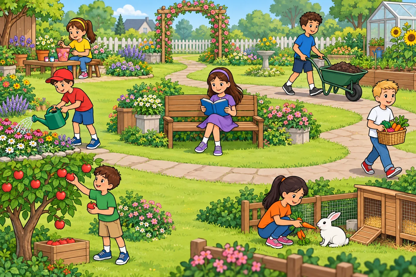 Seven children in a community garden: watering flowers, painting a flowerpot, pushing a wheelbarrow, reading on a bench, picking apples, feeding a rabbit and carrying a basket