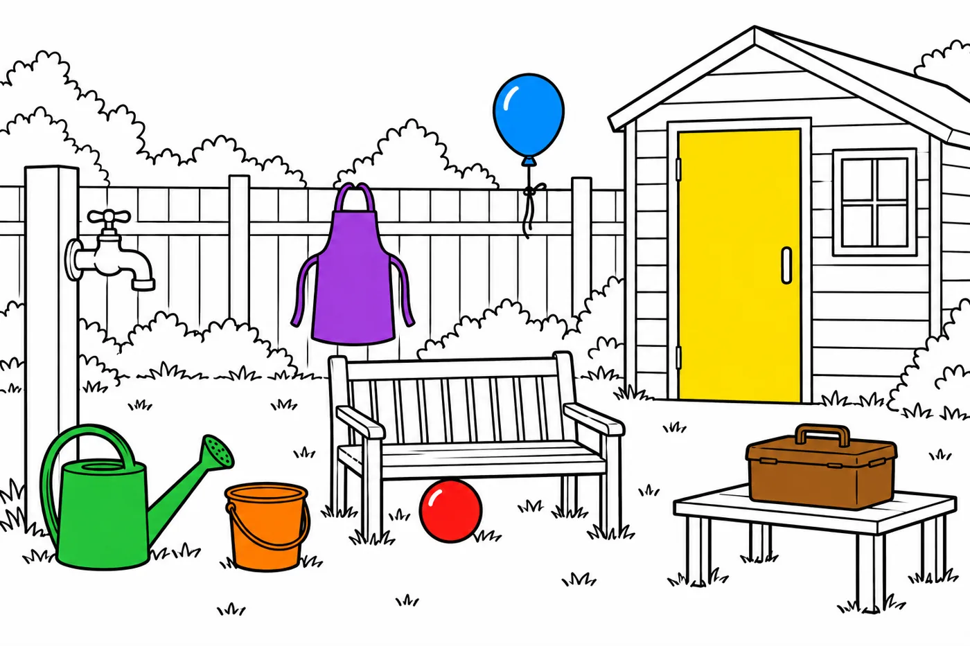 Model answer: green watering can, orange bucket, red ball, purple apron, brown picnic box, yellow shed door and blue balloon