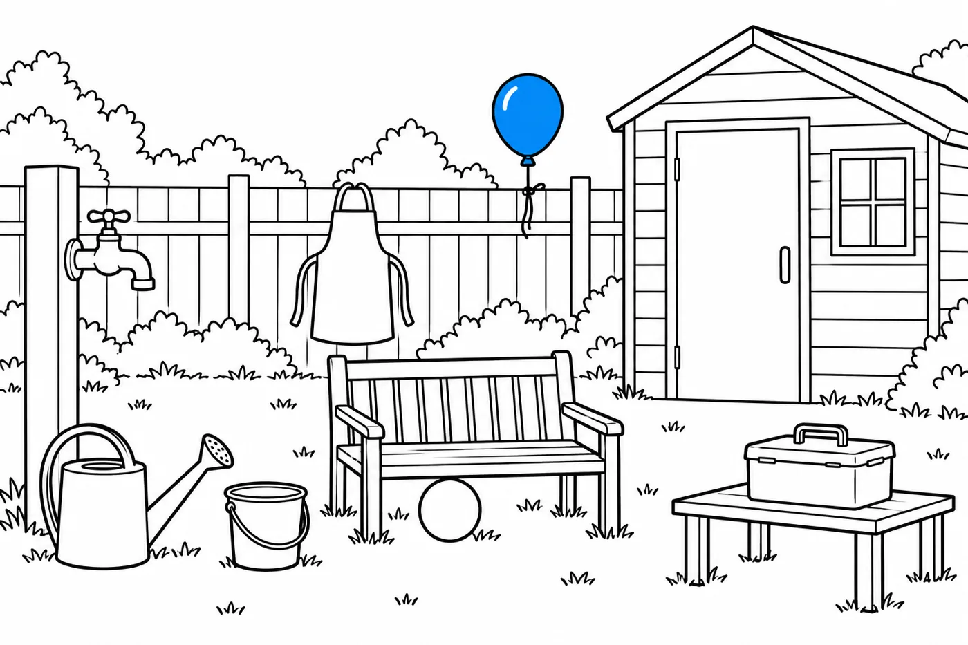 Garden shed scene with a watering can, small bucket, ball under bench, apron on fence, picnic box, shed door and blue example balloon