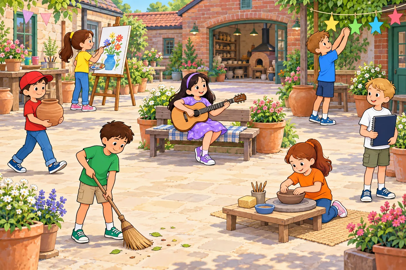 Seven children in an arts-centre courtyard: carrying a pot, painting at an easel, hanging paper stars, playing a guitar, sweeping, making a clay bowl and holding a sketchbook