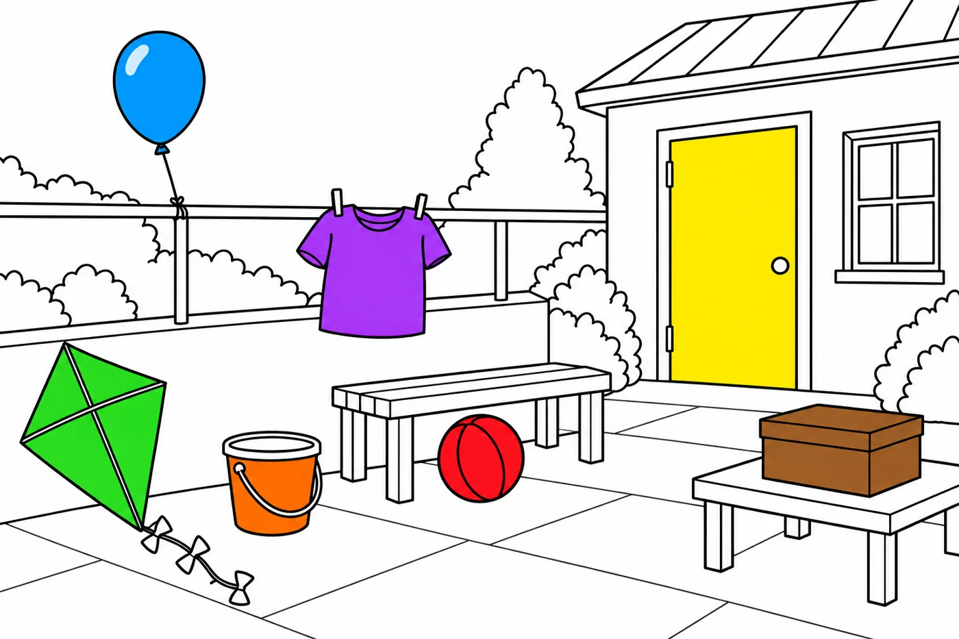 Model answer: green kite, orange bucket, red ball, purple T-shirt, brown box, yellow studio door and blue balloon