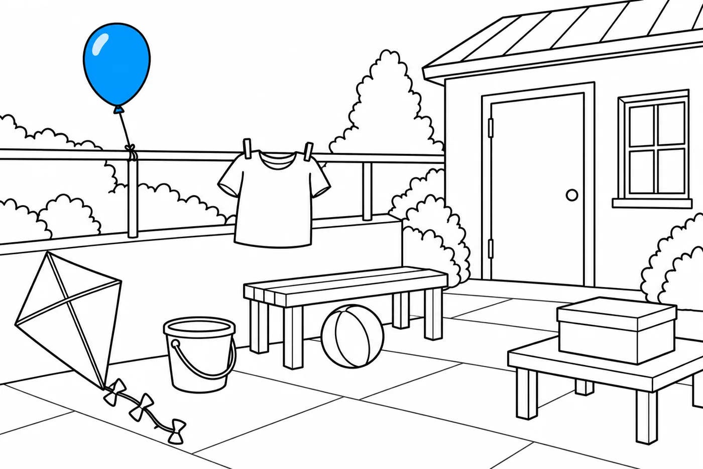 Arts courtyard with a kite, bucket, ball under a bench, T-shirt on a railing, box on a low table, studio door and blue example balloon