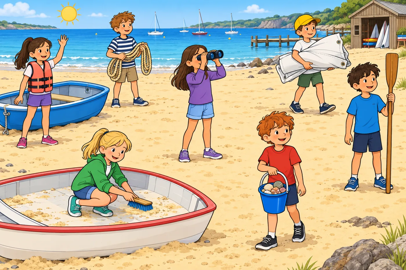 Seven children at the boat club with distinct actions: waving, holding rope, carrying sail, using binoculars, brushing a boat, carrying shells and holding an oar