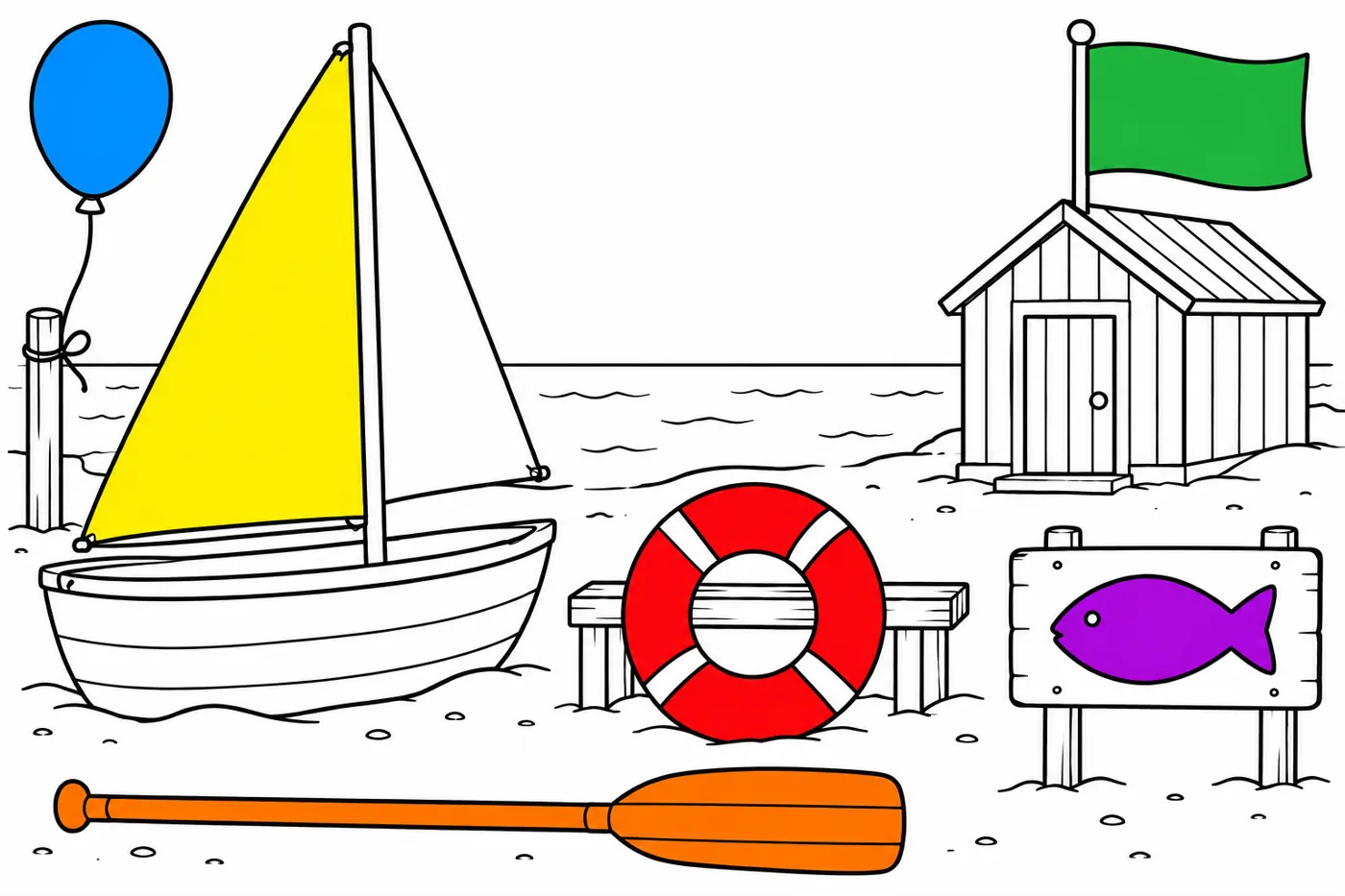 Model answer: yellow large left sail, red ring, green flag, purple fish, orange oar and blue balloon