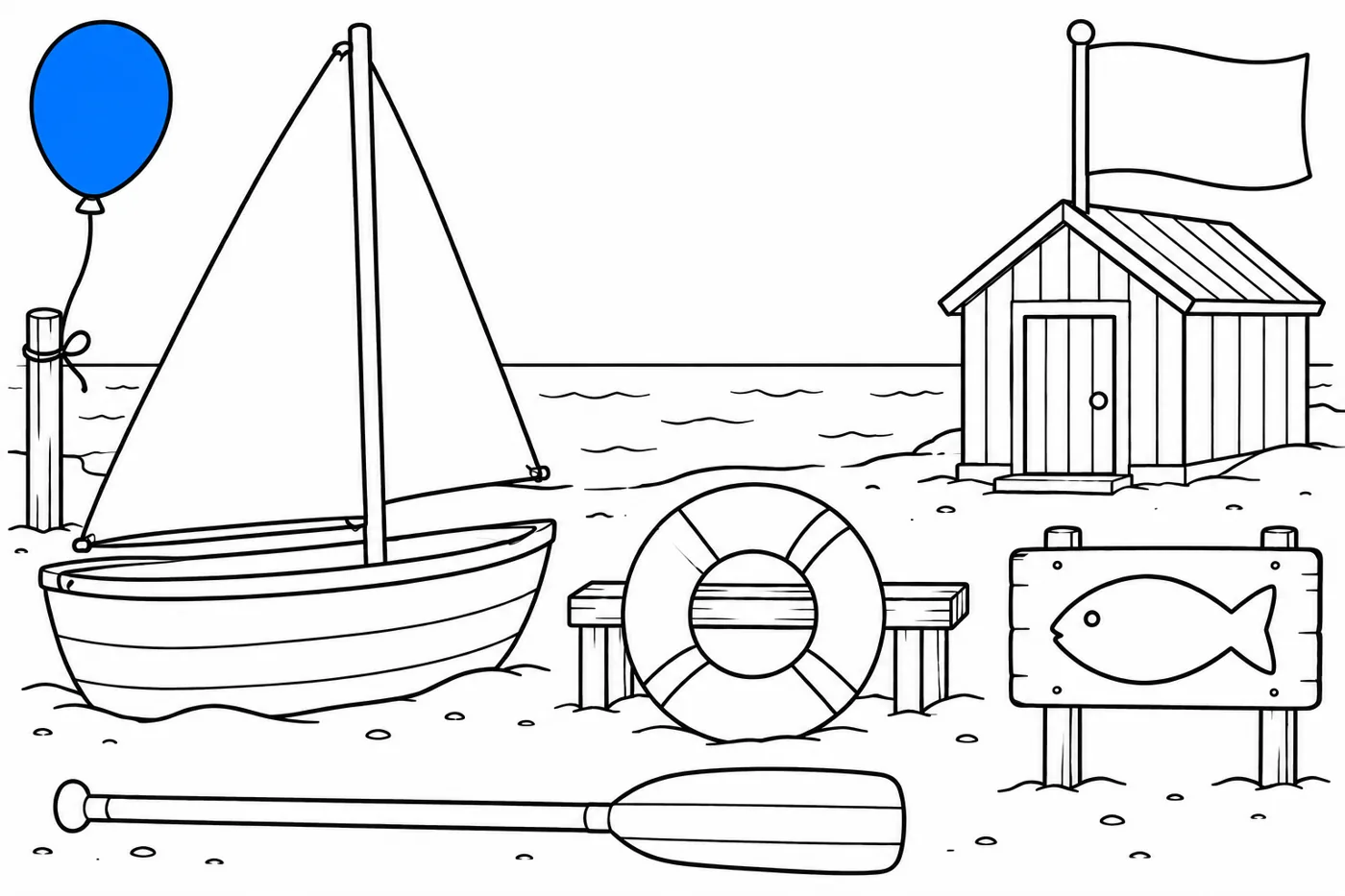 Boat club beach: large left sail, ring by bench, flag above hut, fish sign, oar and blue example balloon