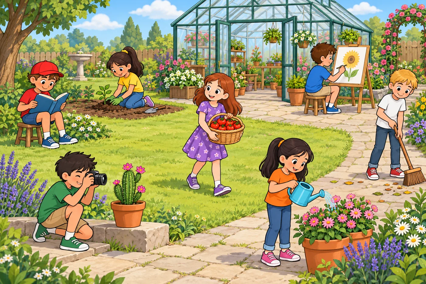 Seven children in a glasshouse garden: reading, planting a seedling, drawing a sunflower, carrying tomatoes, photographing a cactus, watering flowers and sweeping