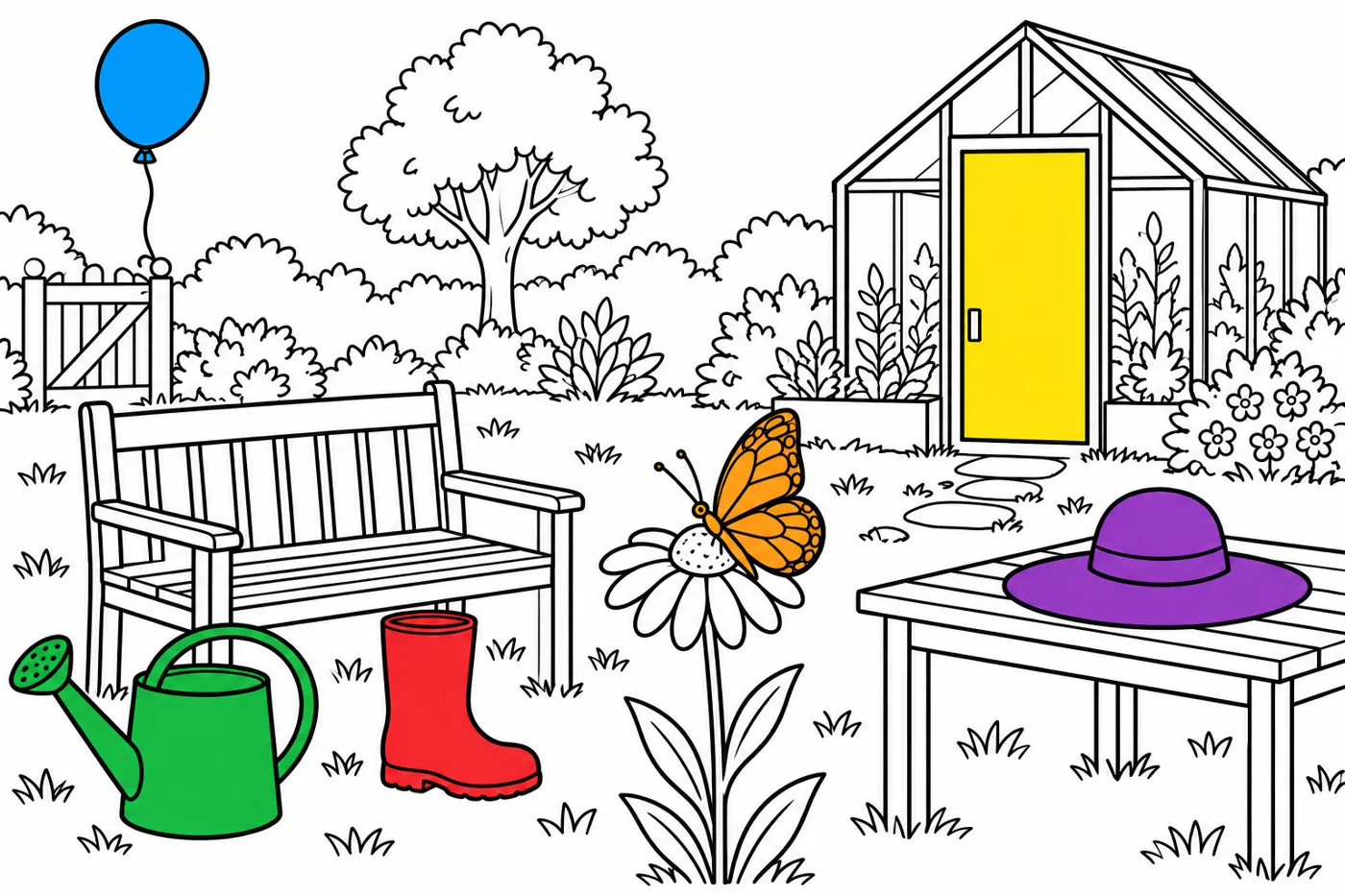 Model answer: green watering can, red boot, orange butterfly, purple hat, yellow door and blue balloon