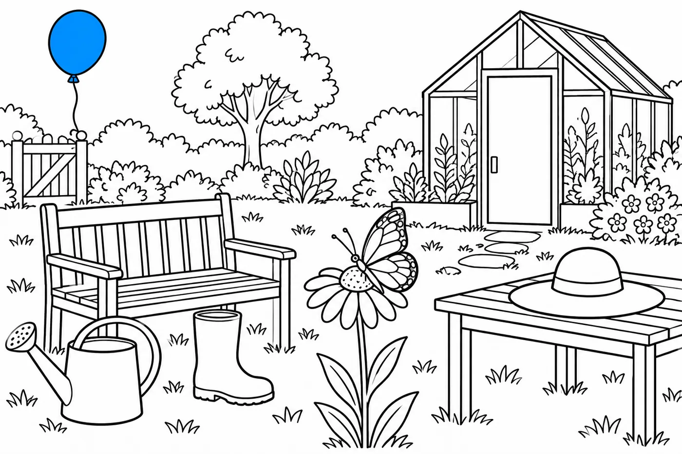 Glasshouse garden with watering can beside bench, boot in front of bench, butterfly on flower, hat on table, glasshouse door and blue example balloon