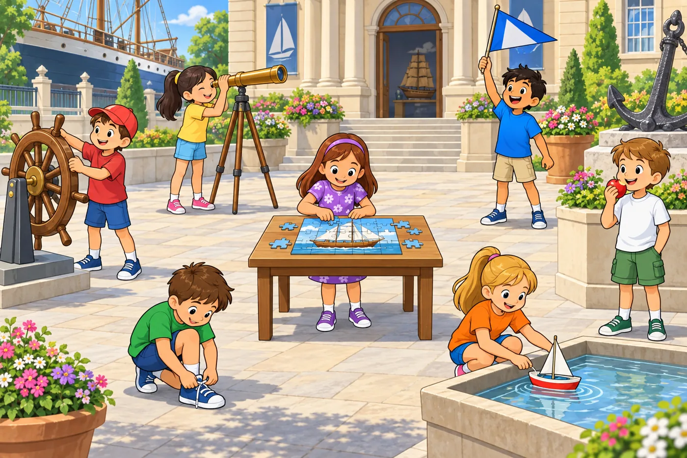 Seven children in a boat museum courtyard: turning a wheel, using a telescope, holding a flag, doing a jigsaw, tying a shoelace, floating a toy boat and eating an apple