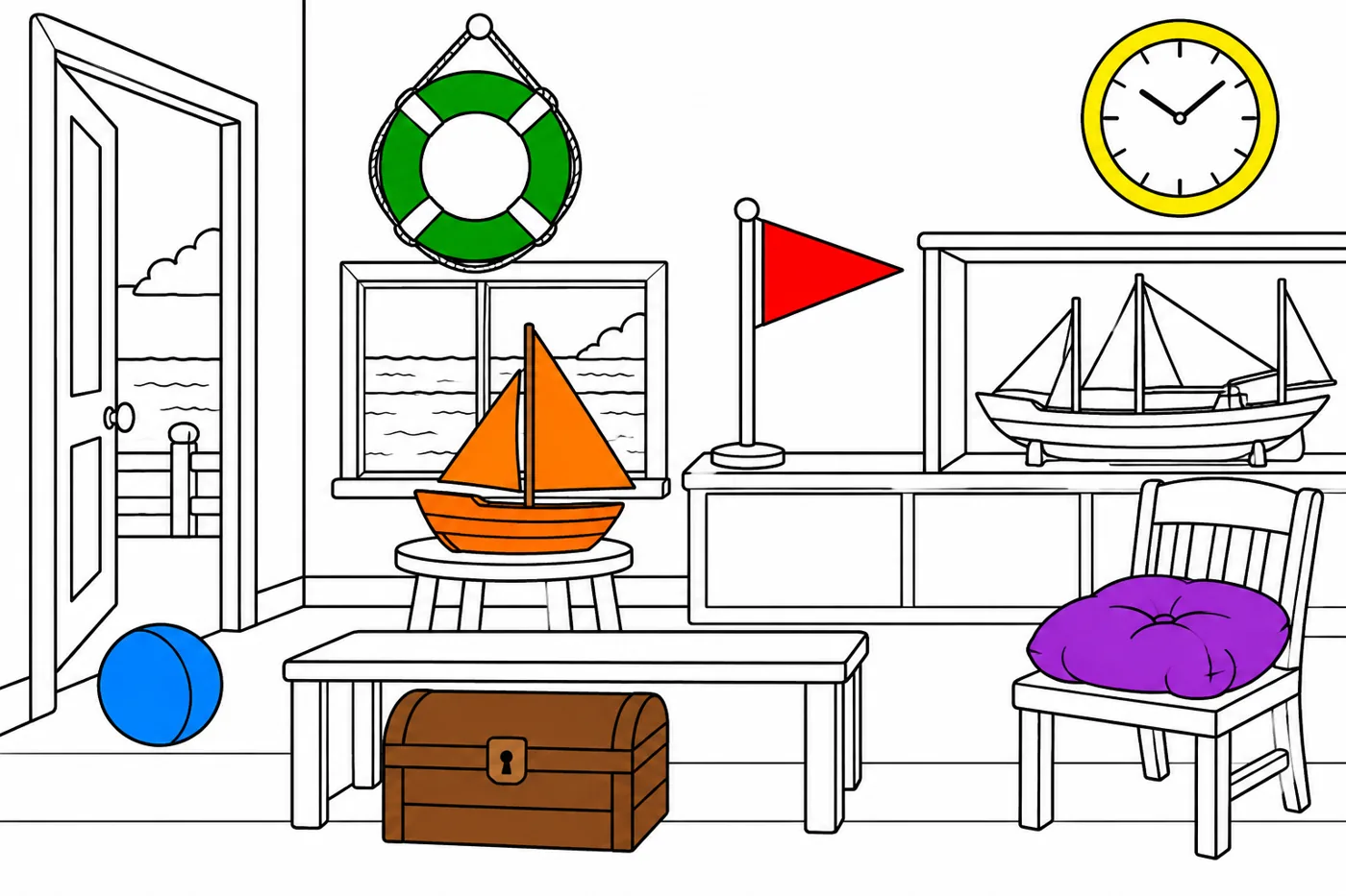 Model answer: green ring, orange boat, red flag, purple cushion, brown chest, yellow clock rim and blue ball