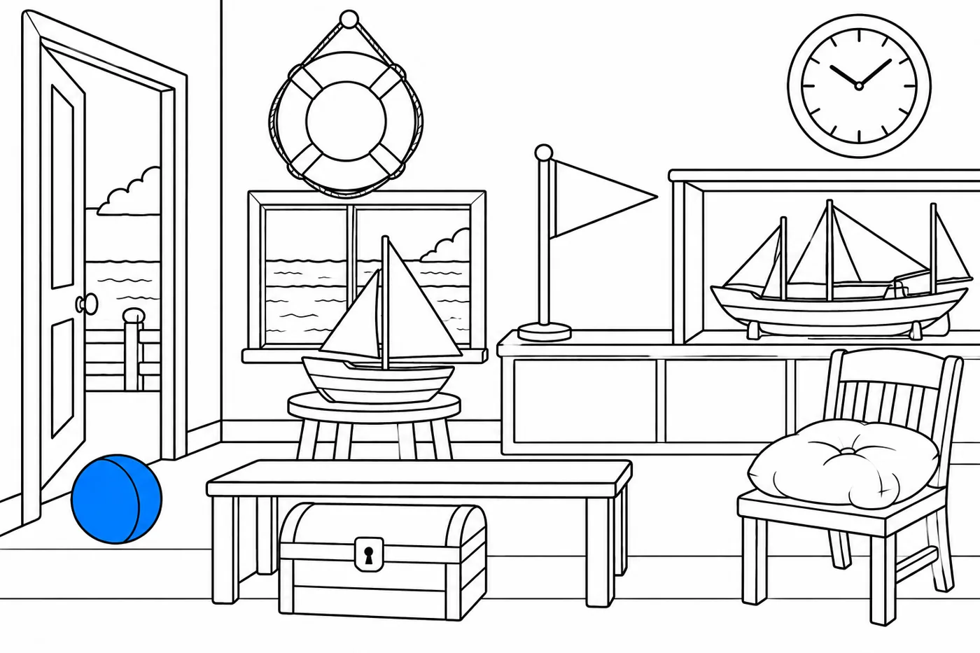 Museum room with life ring above window, small model boat on stool, flag beside window, cushion on chair, chest under bench, wall clock and blue example ball