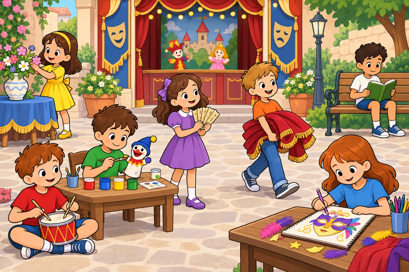 Seven children preparing for a puppet show