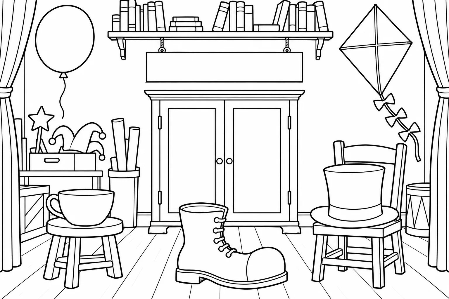Puppet theatre prop room with outlined objects and an empty sign