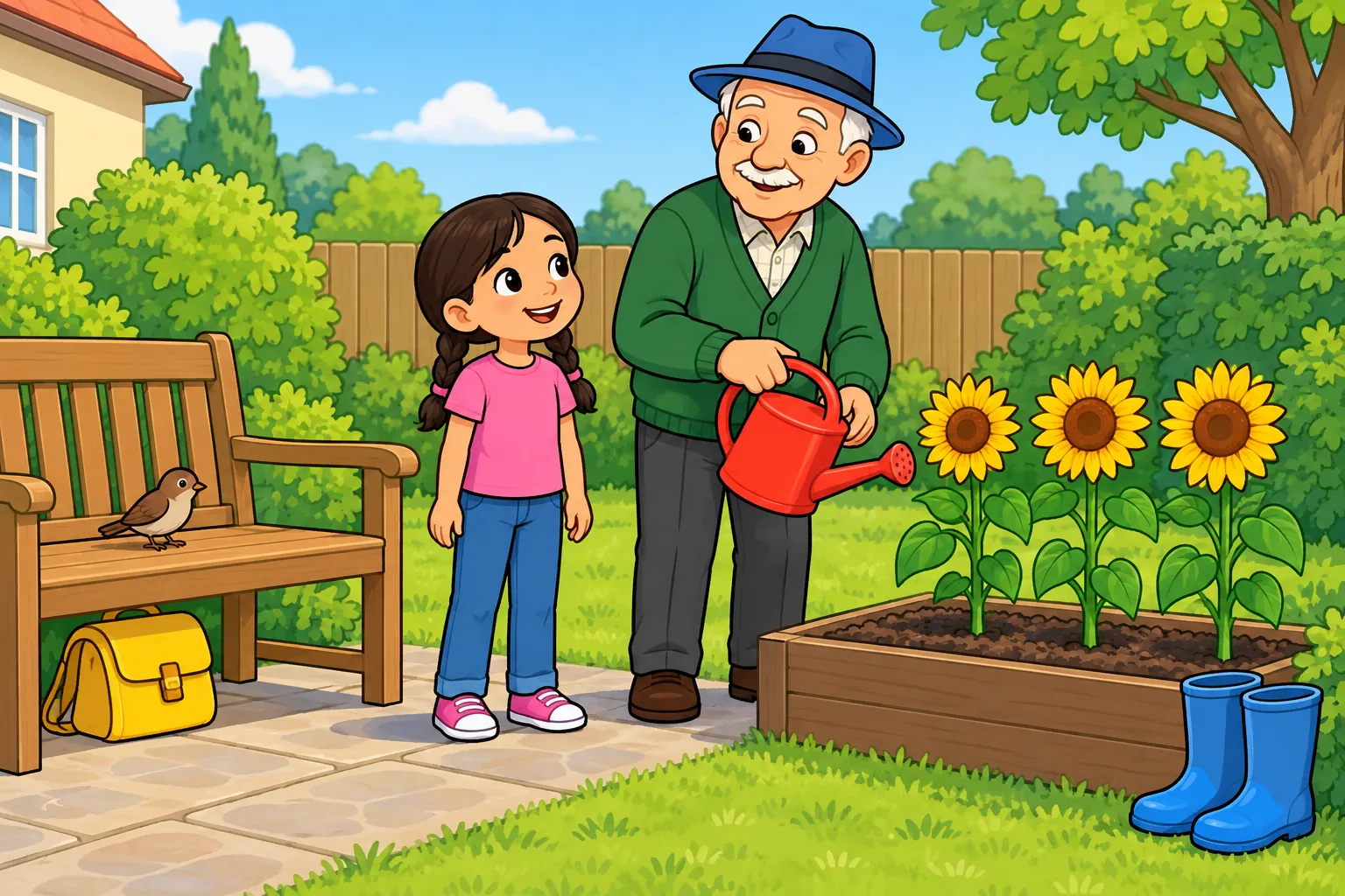 Lily and Grandpa in a garden with three yellow flowers, a red watering can, blue boots, a yellow bag and a bird on a bench.