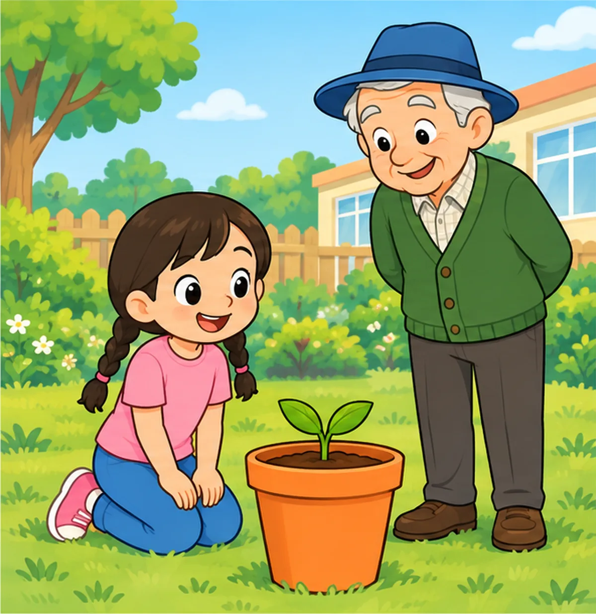 Lily and Grandpa beside one orange pot with a small green plant.