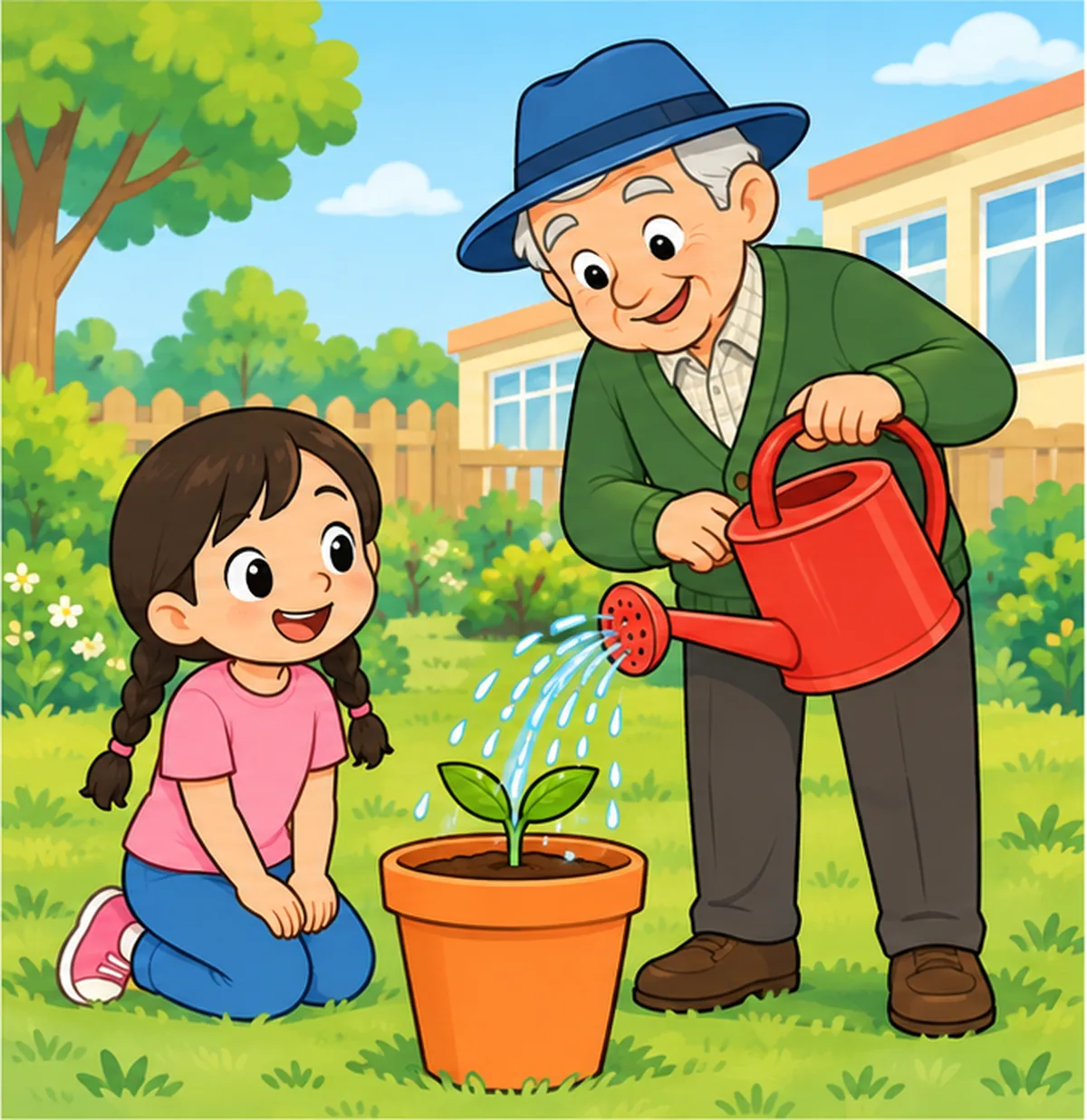 Grandpa, in a blue hat, pours water from a red watering can into the orange pot.