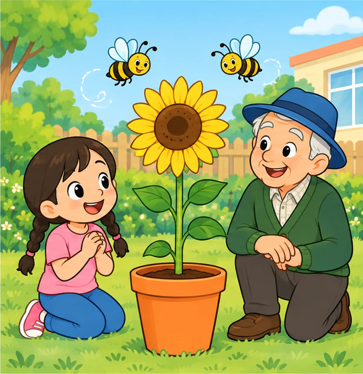 Lily and Grandpa beside a yellow sunflower in the orange pot with exactly two bees.