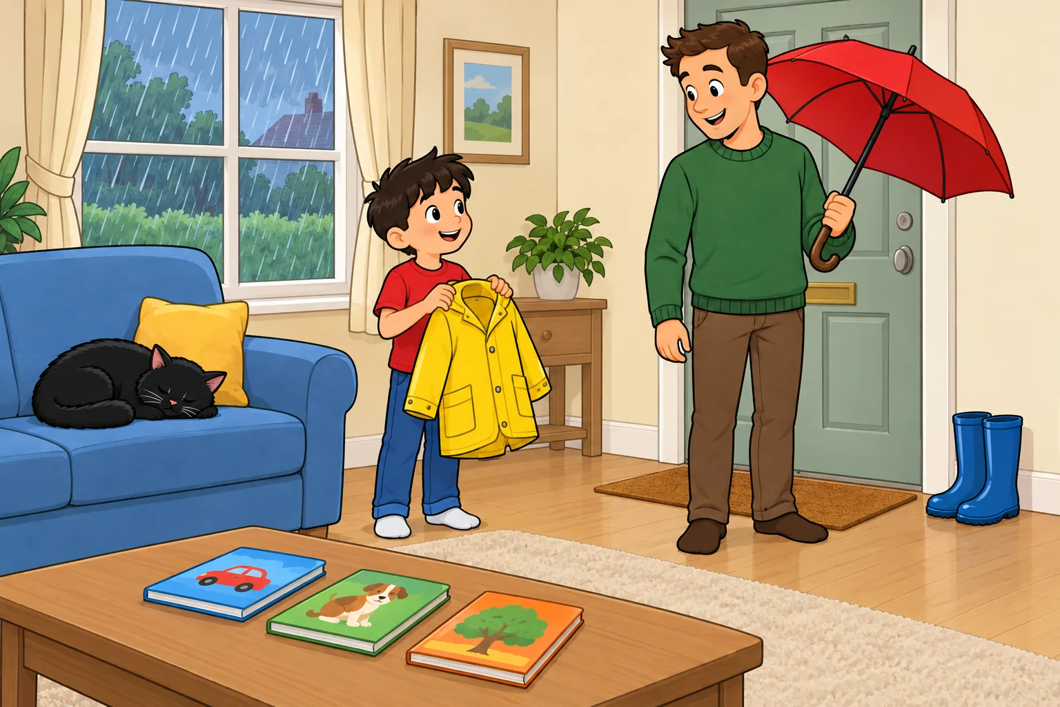 Sam in a red T-shirt holds a yellow raincoat while Dad in a green jumper holds a red umbrella; blue boots are by the door, a black cat sleeps on the sofa and three books are on a low table.