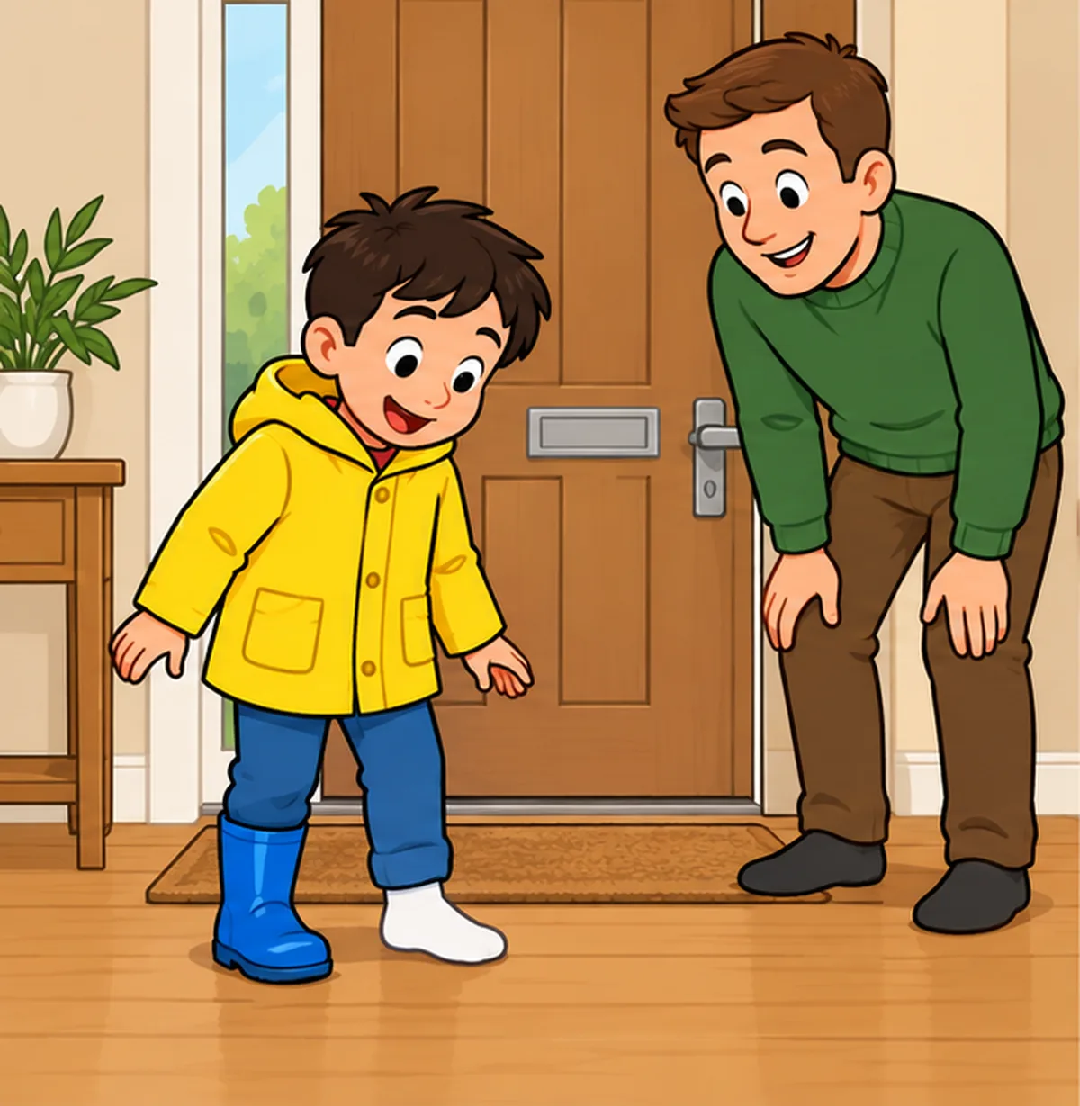 Picture A: Sam wears a yellow raincoat and one blue boot, with a white sock on his other foot; Dad stands beside him by the door.