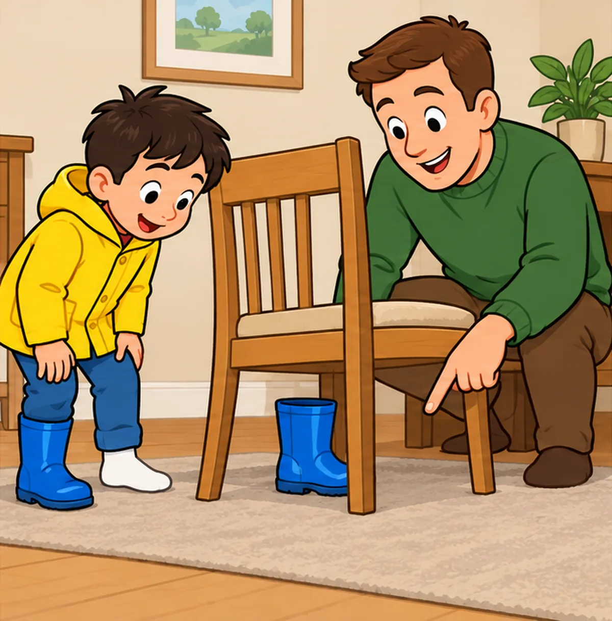 Picture B: Dad points under a chair to the second blue boot as Sam looks down; Sam wears one blue boot and one white sock.