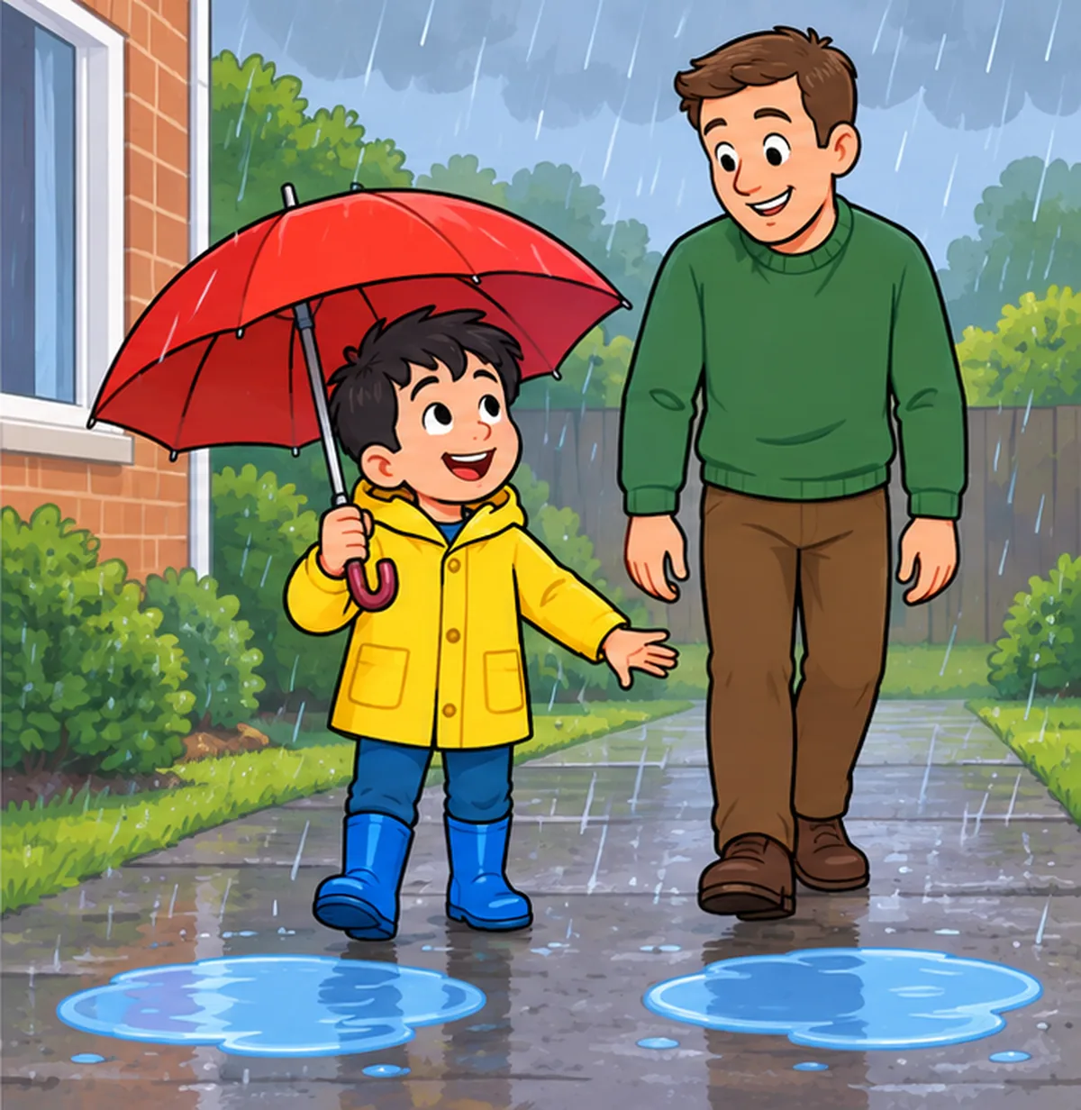 Picture C: outside, Sam wears both blue boots and his yellow raincoat and holds a red umbrella; Dad stands beside him and two puddles are on the ground.