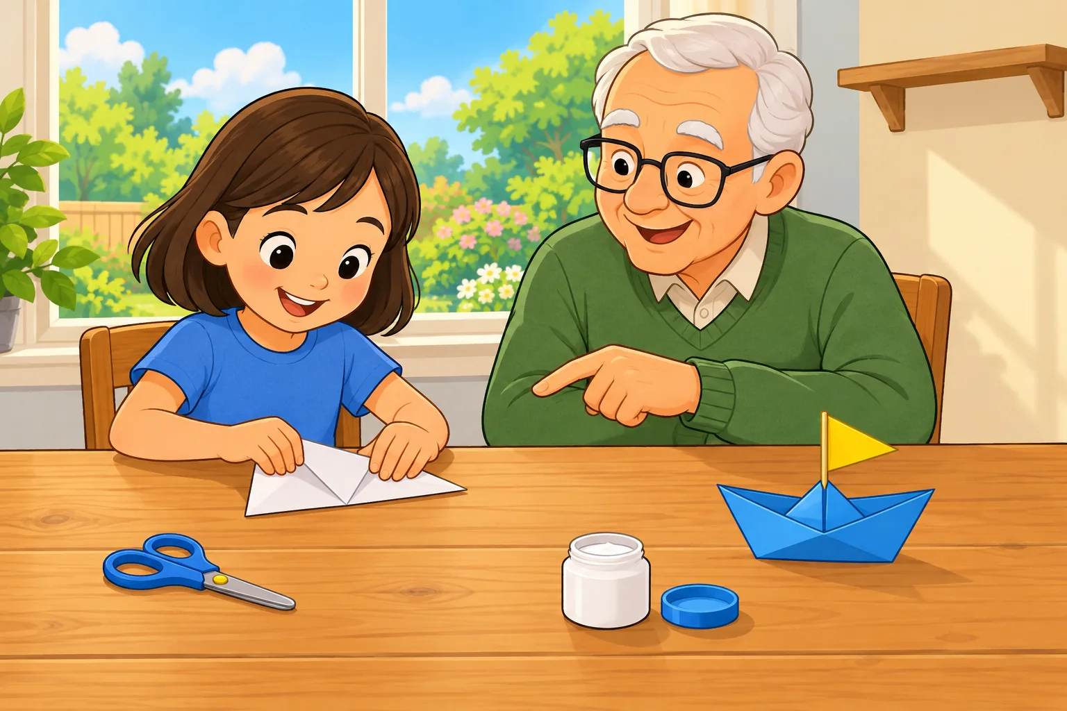 Lucy folds white paper beside Grandpa; one blue boat, a yellow flag and an open glue pot are on the table.