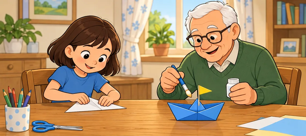 Lucy folds a white sheet while Grandpa holds a glue pot and brush beside a blue boat with a yellow flag.