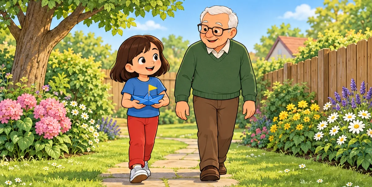 Lucy carries the blue boat along a garden path beside Grandpa.